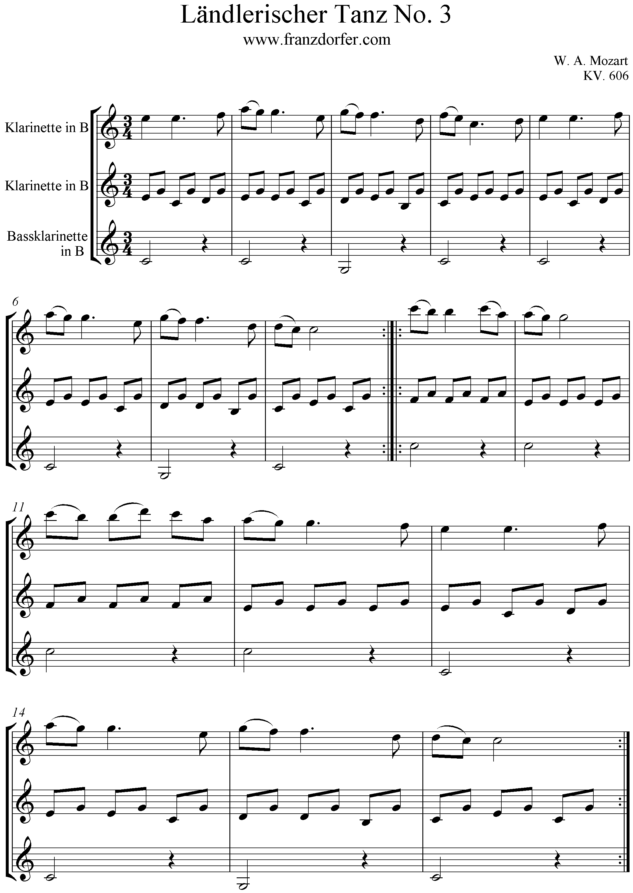 Noten für 3 Klarinetten, Ländlerischer Tanz Mozart